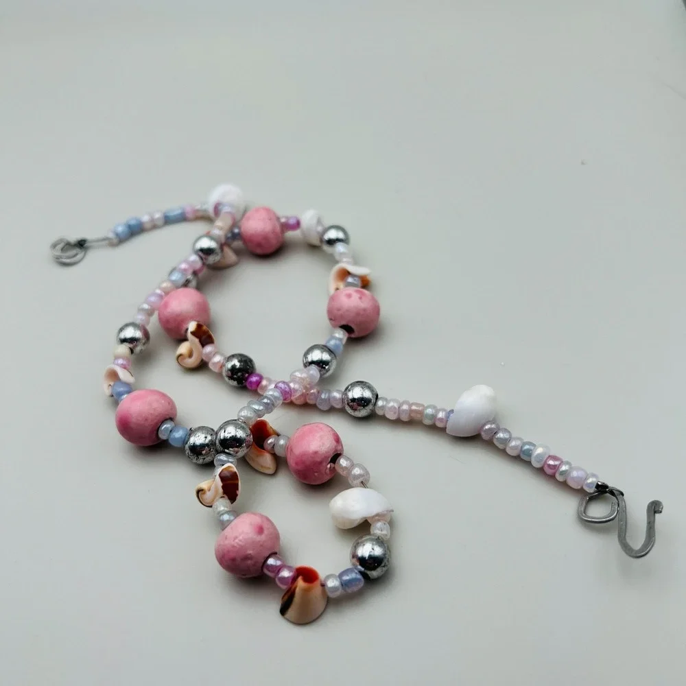 Beaded Necklace Pink White Shell Mixed Bead Silver Tone Pastel Coastal Style 20